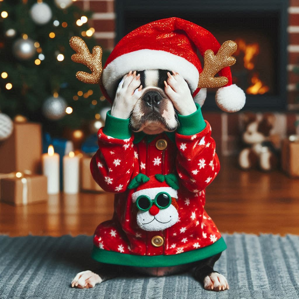 Boston Terrier wearing a santa hat and santa sweater with its paws over its eyes