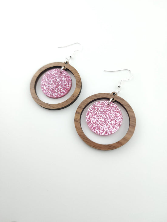 Walnut & Pink Sparkle Earrings