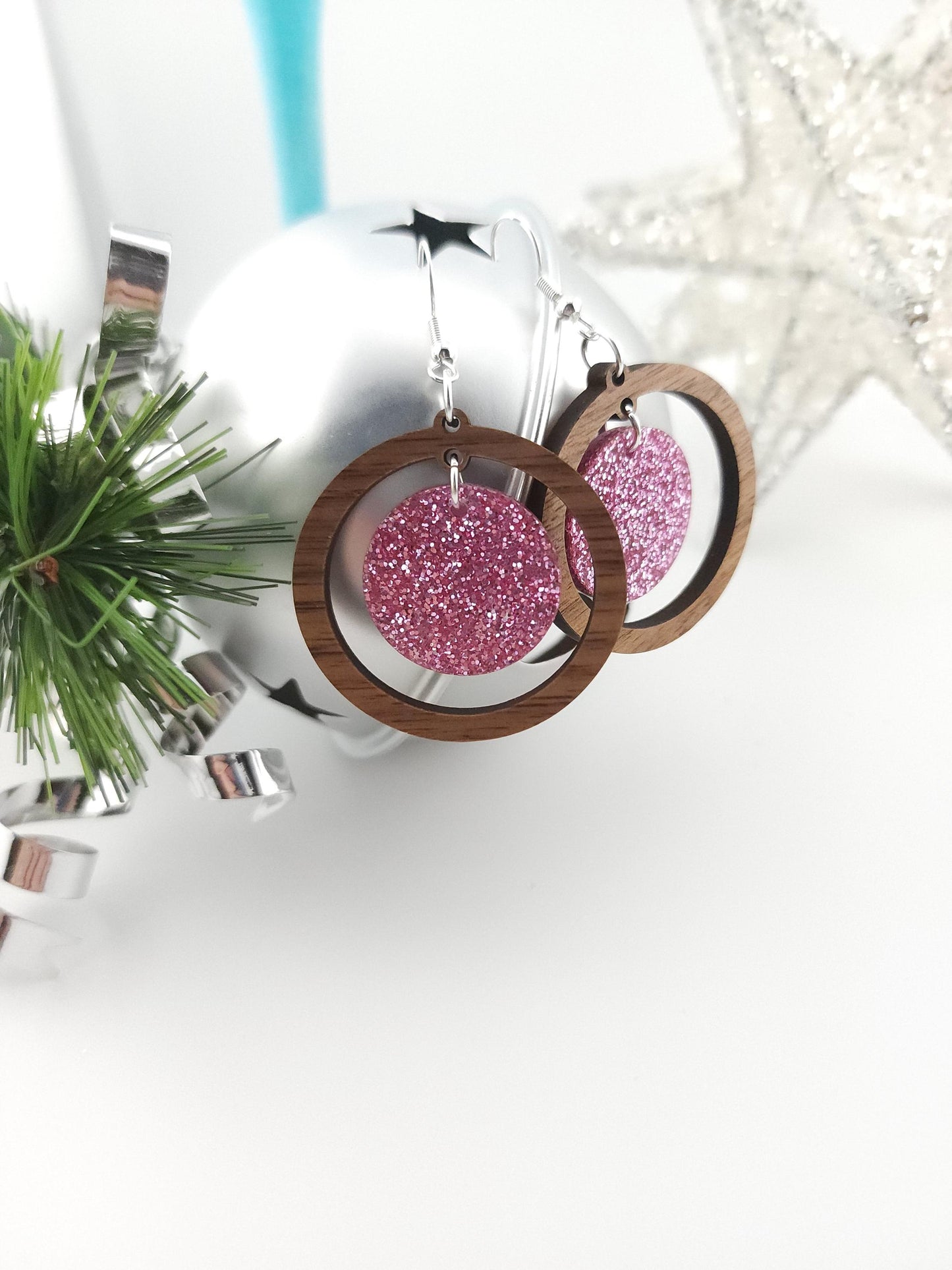 Walnut & Pink Sparkle Earrings