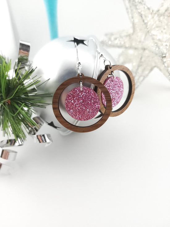 Walnut & Pink Sparkle Earrings